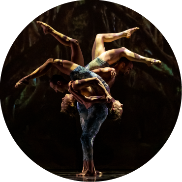 Dancers are captured in motion in front of a black backdrop